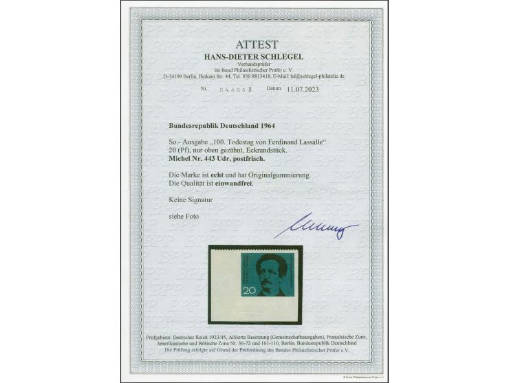100. Todestag von Ferndinand Lassalle 20 Pfg. nur oben gezähnt aus der linken unteren Bogenecke, postfrisch, tadellos, Fotoat