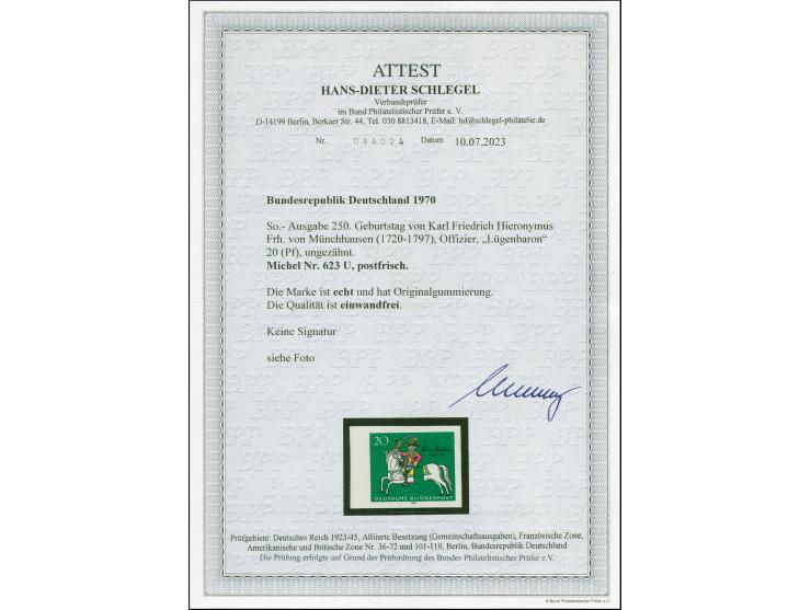 1970, 250. Geburtstag von Karl-Friedrich Hieronymus Frh. von Münchhausen 20 Pfg. ungezähnt, postfrisch, tadellos, Fotoattest 