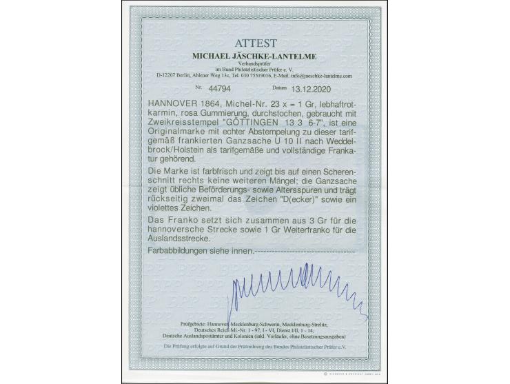 1864, 1 Groschen lebhaftrotkarmin, rosa Gummierung, mit blauem DKr. "GÖTTINGEN 13.3." als portogerechte Zusatzfrankatur auf G