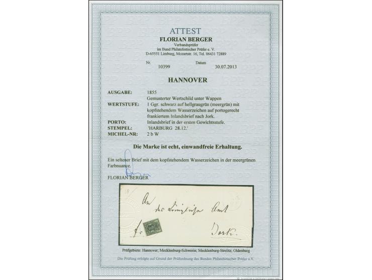 1851, 1 Ggr. auf hellgraugrün mit kopfstehendem Wasserzeichen, farbfrisch und allseits voll- bis breitrandig,  mit DKr. "HARB