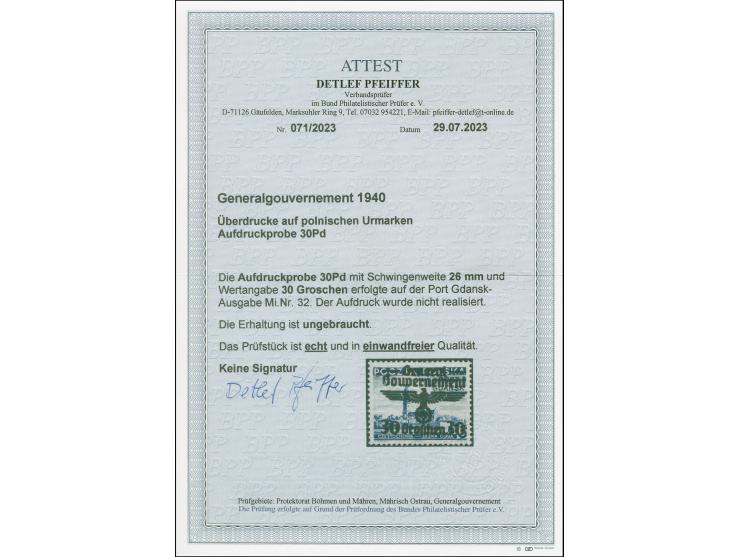 1940, Aufdruckprobe Hoheitsadler mit 26mm Schwingenbreite 30 Gr. auf Port Gdansk Urmarke Sehenswürdigkeiten 5 Gr. schwärzlich
