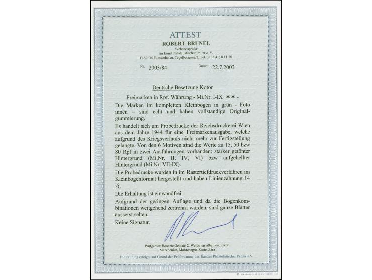 1944, Unverausgabte mit getöntem und aufgehelltem Hintergrund 10-80 Pfg. im kompletten Kleinbogen zu 9 Werten in grün, postfr