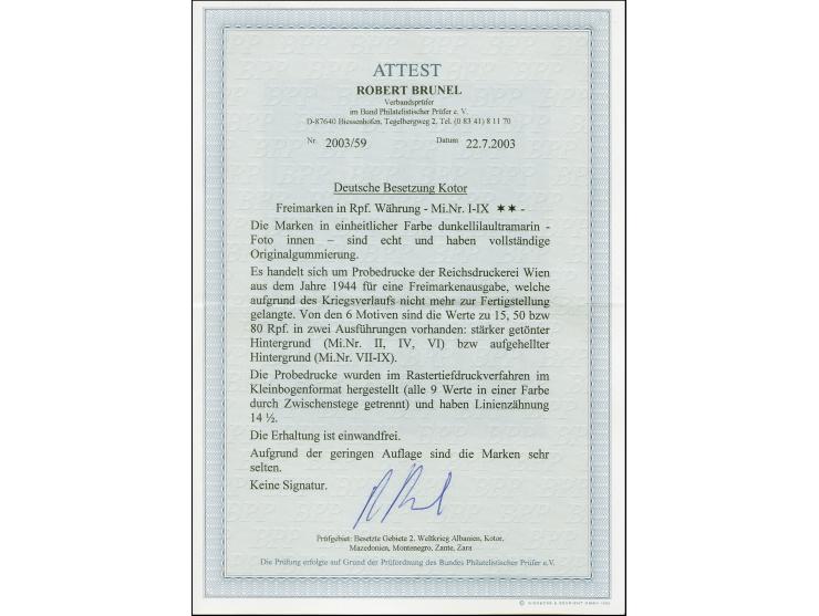 1944, Unverausgabte mit getöntem und aufgehelltem Hintergrund 10-80 Pfg., 9 Werte komplett einheitlich in dunkellilaultramari