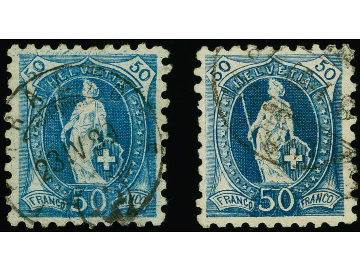 50 Cts. blau, zwei Einzelmarken in seltener Zähnung 9¾:9¼, Farbvarianten blau und schwärzlichblau, farbfrisch und gut gezähnt