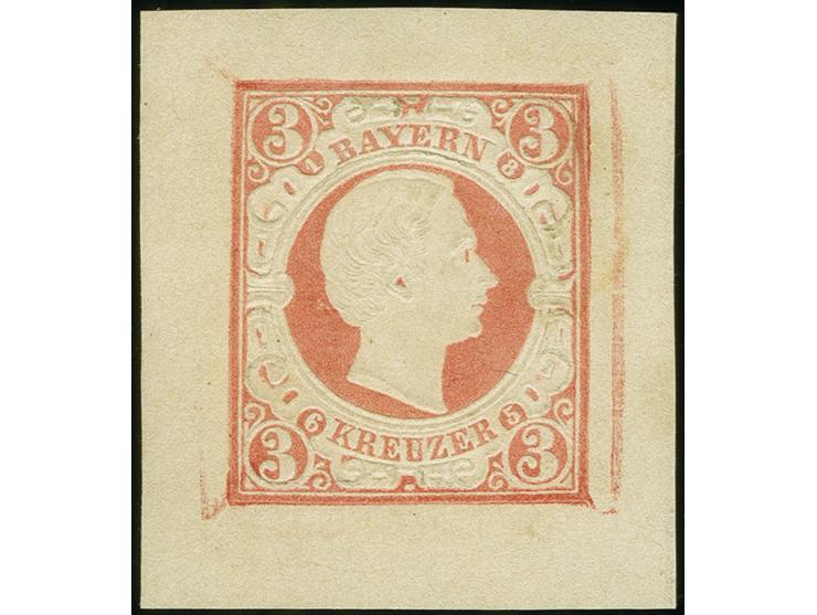 1865, Essais des Münzmedailleurs J. Ries: Ludwig II. 3 Kr. rosa im kombiniertem Buch- und Prägedruck, etwas abweichende Zeich