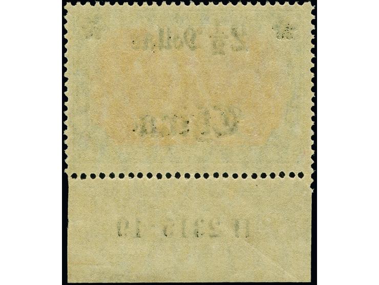 1906/19, Kriegsdruck 2 1/2 Dollar auf 5 Mark mit Wasserzeichen und Wertaufdruck Mitte, Zähnungslöcher 25:17, Unterrandstück m