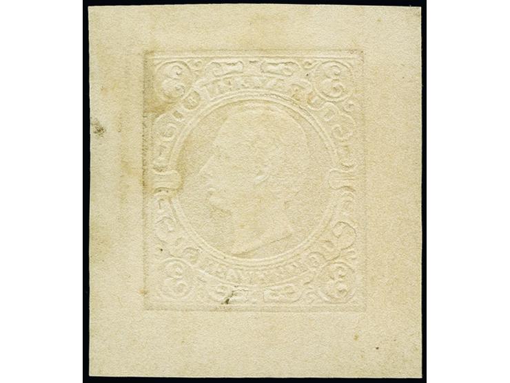 1865, Essais des Münzmedailleurs J. Ries: Ludwig II. 3 Kr. rosa im kombiniertem Buch- und Prägedruck, etwas abweichende Zeich