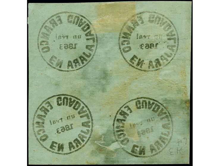 1868, 1 r. on green, laid battoné paper, block of four, every stamp with variety "1863", unused with large part original gum,
