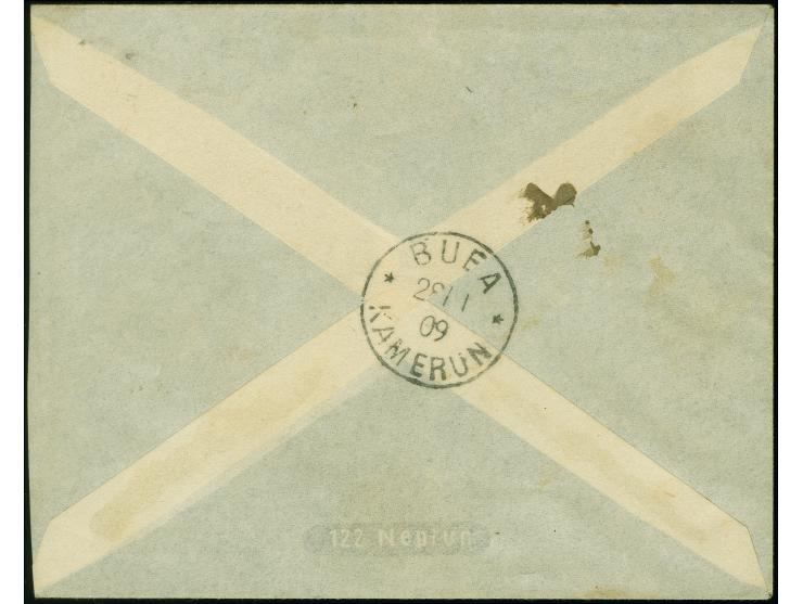 "PLANTATION KAMERUN 13.1.09", typischer Abschlag auf Kaiseryacht 30 Pfennig als portogerechte Einzelfrankatur auf R-Brief mit