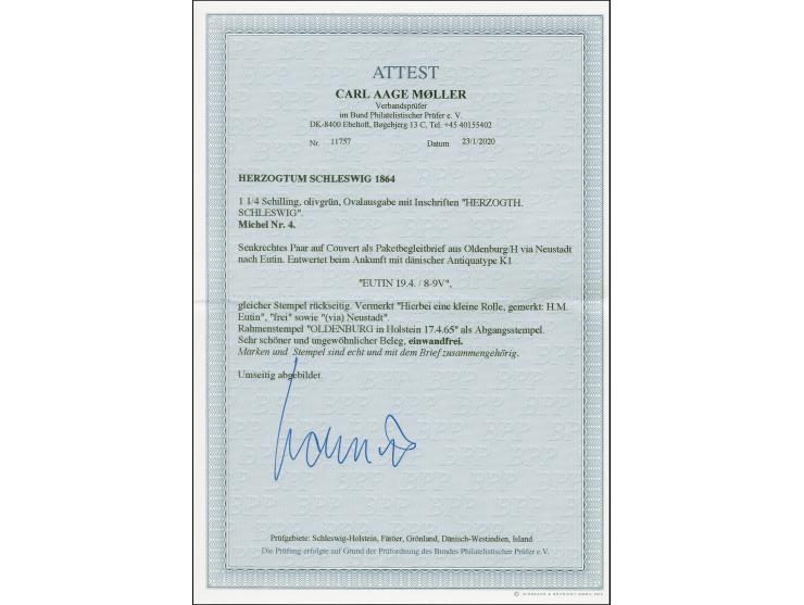 1¼ Schilling grün, senkrechtes Paar, farbfrisch und gut durchstochen, auf kleinem Paketbegleitbrief mit nebengesetztem Rahmen