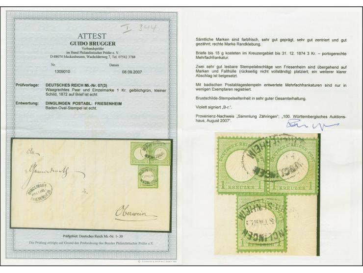1 Kreuzer gelblichgrün im waagerechten Paar und Einzelwert je mit Oval-Stempel "DINGLINGEN POSTABL: FRIESENHEIM" auf rückseit