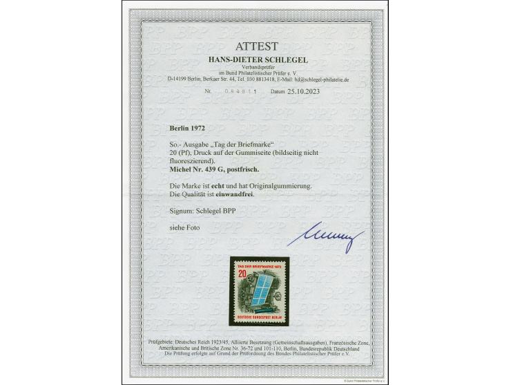 Tag der Briefmarke 20 Pfg. mit Abart "Druck auf der Gummiseite", postfrisch, tadellos, doppelt sign. Schlegel BPP sowie Fotoa