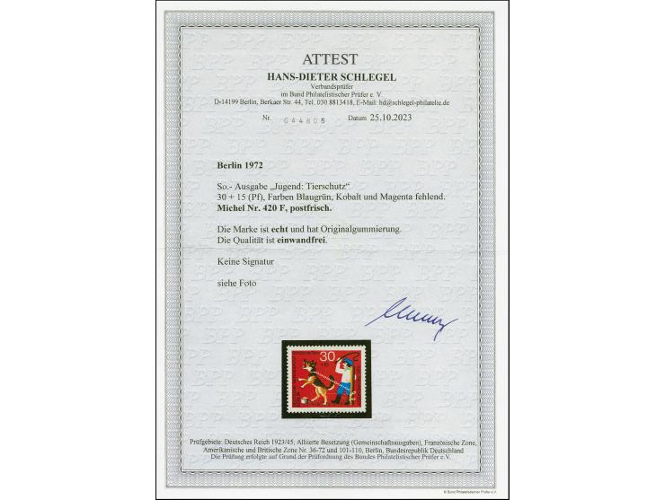 1972, Tierschutz 30 Pfg. mit Abart „Farben Blaugrün, Kobalt und Magenta fehlend“, postfrisch, tadellos, Fotoattest HD Schlege
