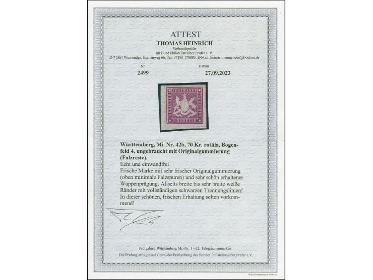 70 Kr. rotlila, Bogenfeld 4, sehr schöne, tiefe und frische Farbe, allseits breit- bis überrandig, mit an allen Seiten komple