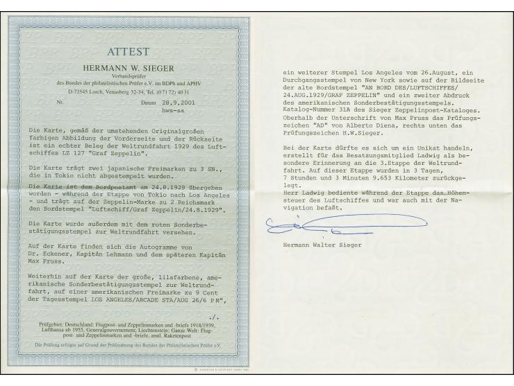 1929, Weltrundfahrt, Etappe Tokio - Los Angeles, private-Fotokarte mit Sondermarke 2 Mark mit Bordpoststempel vom 24.8. und n