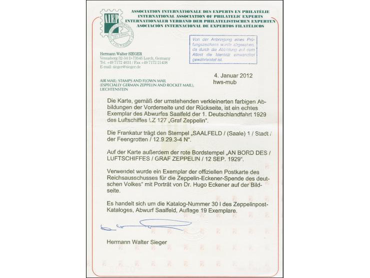 1929, Deutschlandfahrt, Teil I mit Abwurf Saalfeld, Karte mit Bordstempel vom 12.9. und Reichspräsidenten 15 Pfennig mit Werb