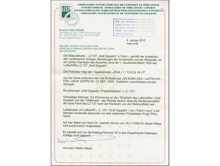 1929, Deutschlandfahrt, Teil I mit Abwurf Jena, Zeppelin-Fotokarte mit Bordstempel vom 12.9. und Reichspräsidenten 8 Pfennig 