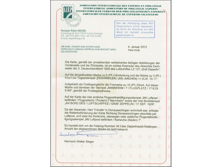 1929, Deutschlandfahrt, Teil II mit Abwurf Eschweiler, Ganzsachenkarte 5 Pfenig mit Zufrankatur und Bordstempel vom 17.9. via