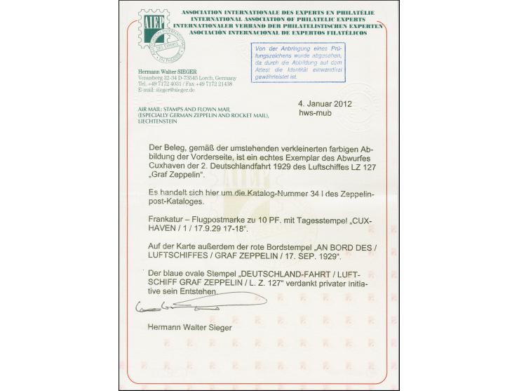 1929, Deutschlandfahrt, Teil II mit Abwurf Cuxhaven, Karte mit Bordstempel vom 17.9. und Steinadler 10 Pfennig mit Stempel "C