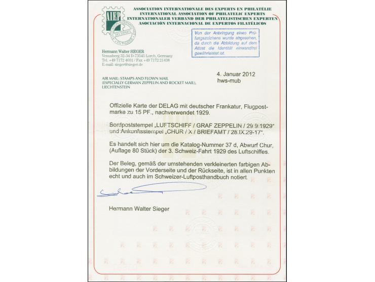 1929, 3. Schweizfahrt mit Abwurf Chur, alte Delag-Karte mit Steinadler 15 Pfennig mit Bordpoststempel vom 28.9.1929 und vorde
