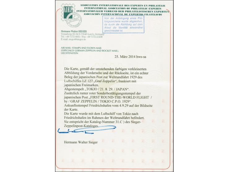 1929, Weltrundfahrt, japanische Post der Etappe Tokio bis Friedrichshafen, Fotokarte mit japanischer Frankatur mit Stempel "T