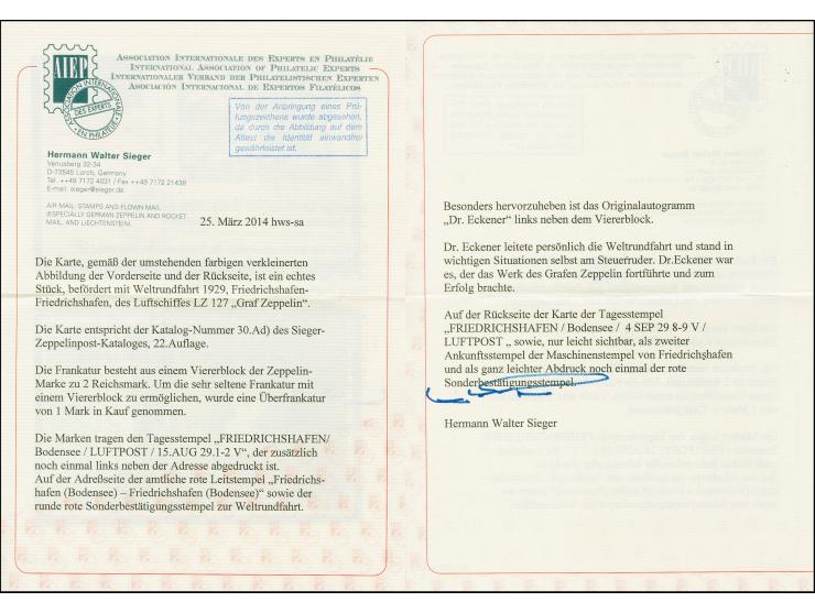 1929, Weltrundfahrt, Etappe Friedrichshafen - Friedrichshafen, Ansichtskarte mit Viererblock Zeppelin-Sondermarke 2 Mark mit 