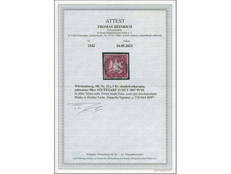 3 Kr. dunkelrotkarmin, farbfrisch, rechts etwas runde Ecke, sonst gut durchstochen, sauber mit DKr. "STUTTGART 11 OCT 1867" e