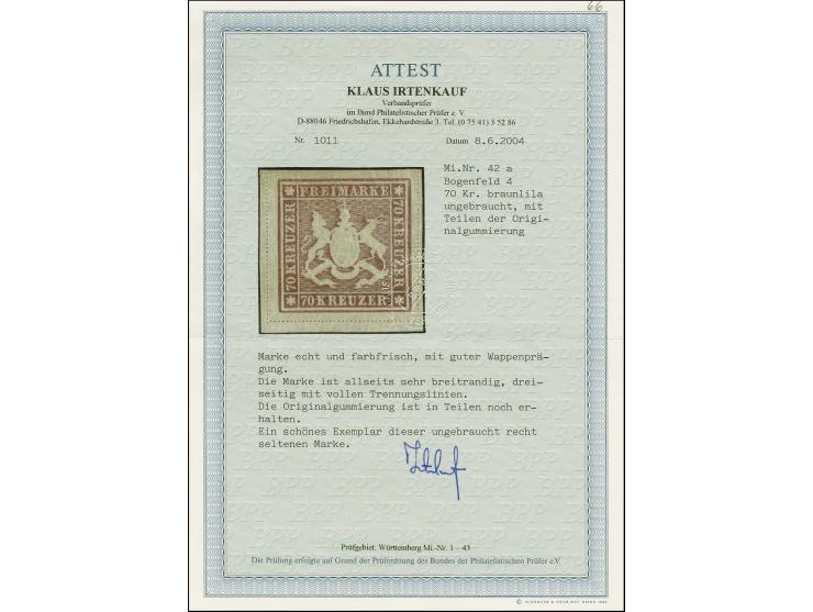 1873, 70 Kr. braunlila, Bogenfeld 6, farbfrisch und allseits breitrandig geschnitten, mit schöner Wappenprägung, mit vollen T
