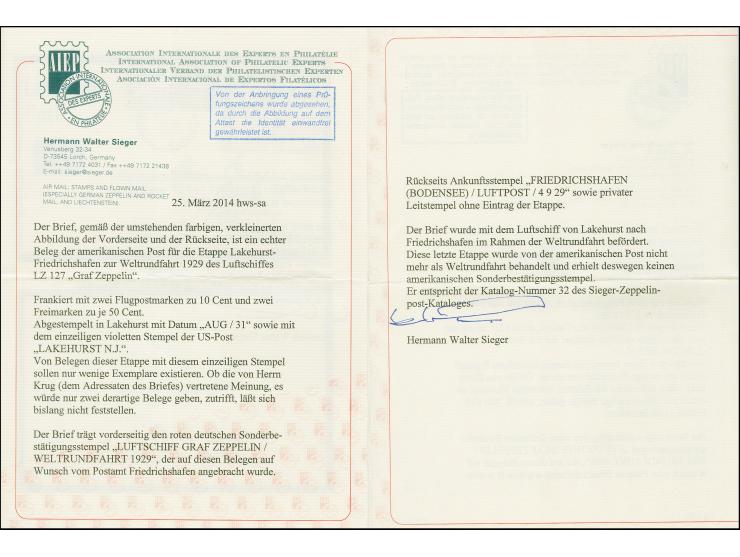 1929, Weltrundfahrt, amerikanische Post der Rückfahrt, Brief mit Freimarken 50 Cent (2) und Flugostmarken 10 Cent im Paar nac