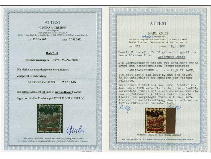 1921, Germania 60 auf 75 Pfennig mit doppeltem Wertaufdruck, sauber mit zeitgerecht verwendetem Stempel "DANZIG-LANGFUHR c 27