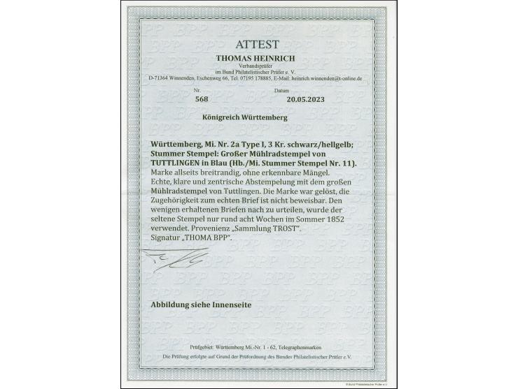 TUTTLINGEN, Großer blauer Mühlradstempel, sauber auf farbfrischer und allseits breitrandig geschnittener 3 Kr. gelb auf Faltb