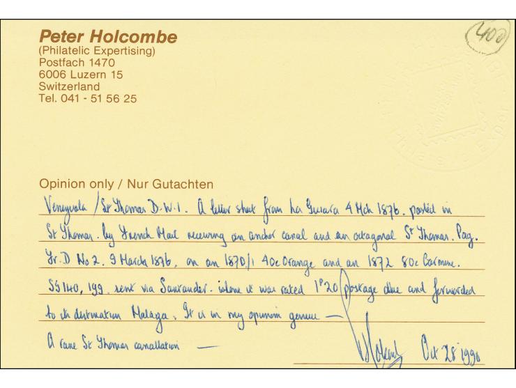 1876, folded letter datelined La Guaira [Venezuela], to Malaga, Spain, conveyed to Saint Thomas by the forwarding agents Matu