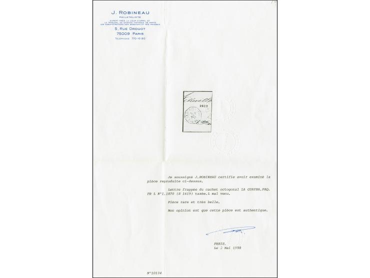 1870, folded letter to Paris, datelined La Guayra [Venezuela], 3 August, struck with black “19” and endorsed “via St. Nazaire