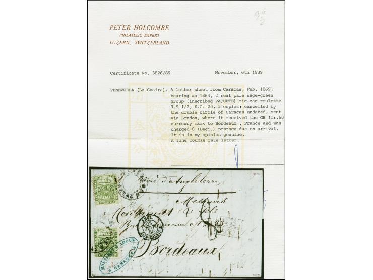 Puerto Cabello Steam Ship Co, 1866, two 2r green singles, rouletted 9 x 9.5, one in distinctly darker shade, each tied by Car