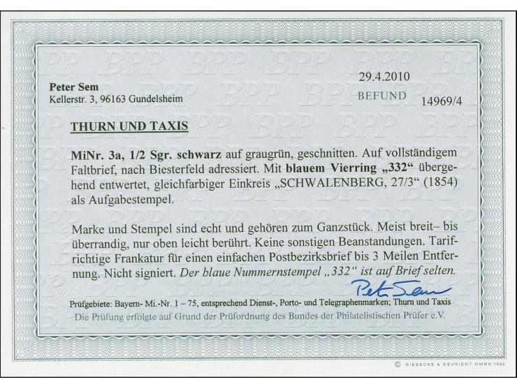"332" in blau, sauber auf 1852, ½ Sgr. a. graugrün, auf komplettem Faltbrief mit sauber nebengesetztem blauen EKr. "SCHWALENB
