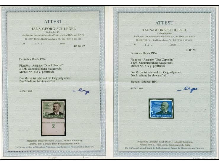 1934, Flugpost 5 Pfg.-3 M. kpl. mit waagerechter Gummiriffelung, postfrisch, tadellos. 80 Pfg. und 3 M. signiert Schlegel BPP