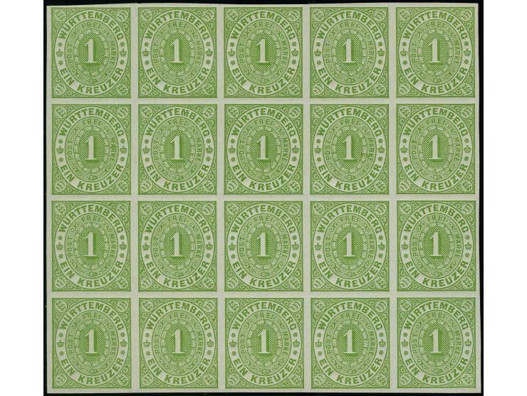 1869, 1 Kr. grün, Probedruck auf ungummiertem, blaugrauem Kartonpapier, undurchstochen, allseits breitrandig, tadellos. Eine 