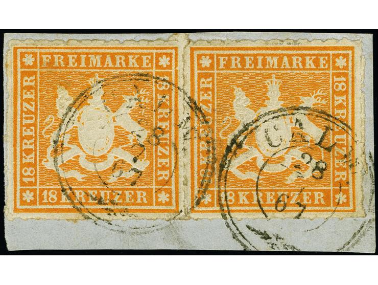1865, 18 Kr. orangegelb im waagerechten Paar, farbfrisch und sehr gut durchstochen mit schöner Wappenprägung, sauiber mit DKr