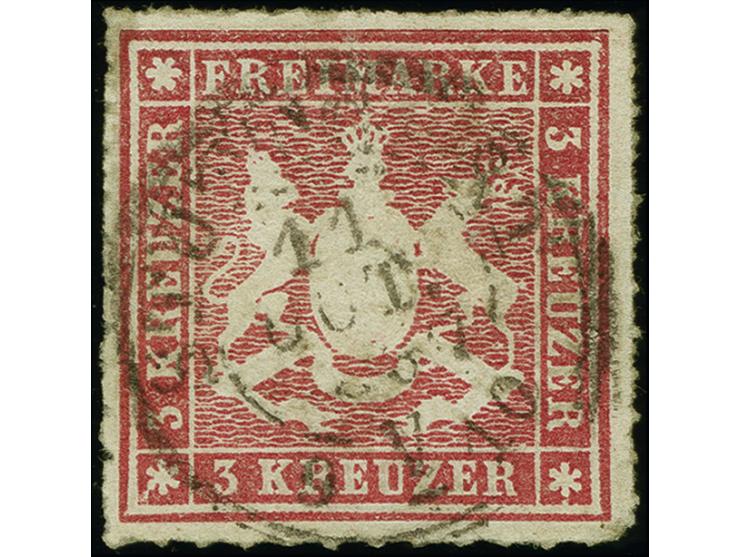 3 Kr. dunkelrotkarmin, farbfrisch, rechts etwas runde Ecke, sonst gut durchstochen, sauber mit DKr. "STUTTGART 11 OCT 1867" e