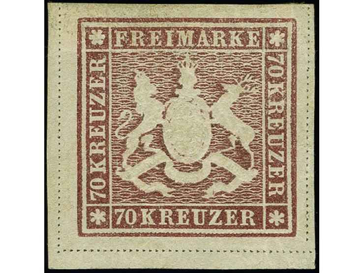 1873, 70 Kr. braunlila, Bogenfeld 6, farbfrisch und allseits breitrandig geschnitten, mit schöner Wappenprägung, mit vollen T
