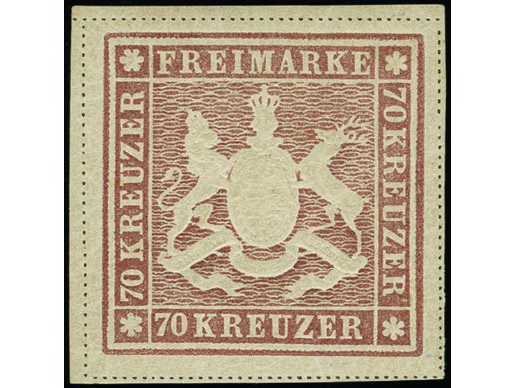 1873, 70 Kr. lilabraun, Bogenfeld 4, farbfrisch und allseits breitrandig geschnitten, mit allseits voller Trennlinie, mit sch