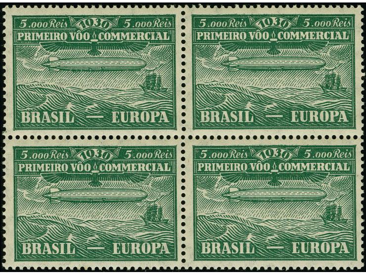 1930, Graf Zeppelin 5000 - 20.000 Reis im kompletten Viererblock-Satz, postfrisch, ein Wert mit Gummibug, sonst tadellos, uns