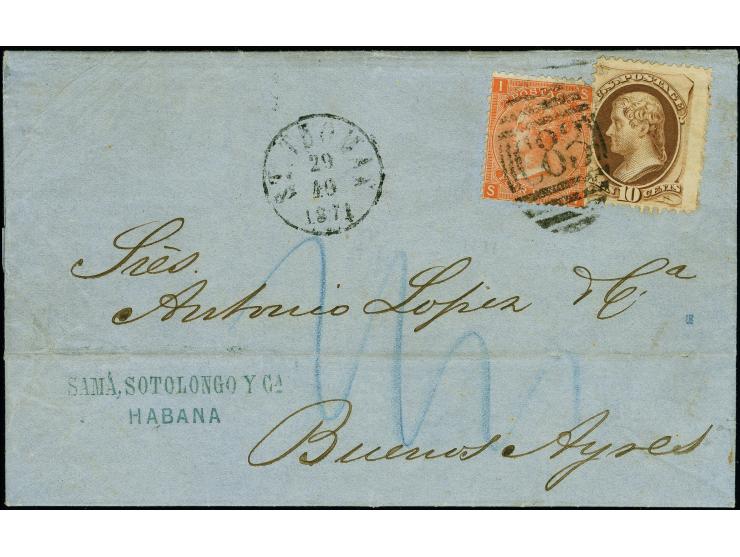 1871 folded letter, datelined Havana, 16 October, from the firm of Sama, Sotolongo Y. Ca, to Buenos Ayres, Argentina, franked