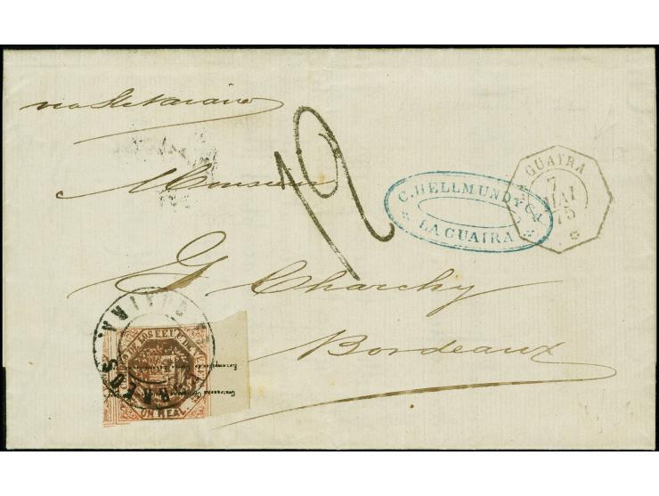 1875, folded letter dated 4 May, to Bordeaux, France, franked with 1875 1r vermilion, sheet margin single showing portion of 