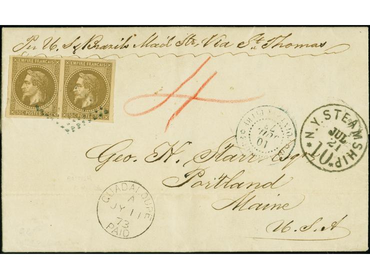 1873, folded letter to Portland, Maine, franked with 1871 30c brown horizontal pair, tied by dotted lozenge cancel, postmarke