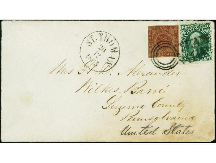 1865, 3c dark carmine, brownish gum, four even margins, tied to cover by black three-ring target, adjacent United States 10c 