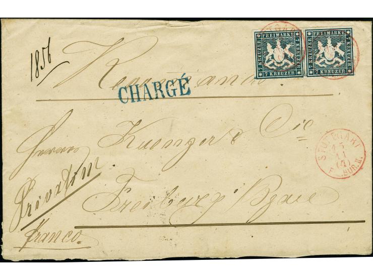 7 Kr. schieferblau, 2 Einzelwerte als Paar geklebt, farbfrisch und gut durchstochen, mit sauber auf- und nebengesetztem roten