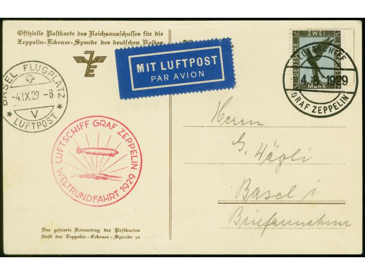 1929, Weltrundfahrt, deutsche Post von der Rückfahrt mit Abwurf Basel, Eckener-Karte mit Steinadler 2 Mark mit Bordpoststempe