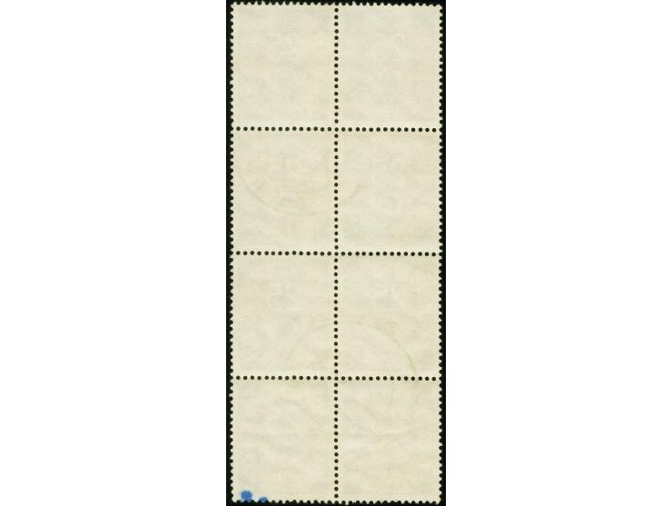 25 Pfennig im senkrechten 8er-Block, gestempelt "(21a) BAD DRIBURG 27.10.54", in der Zähnung gefaltet, ausgabetypisch gezähnt