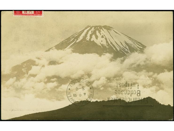 1929, Weltrundfahrt, japanische Post der Etappe Tokio bis Friedrichshafen, Fotokarte mit japanischer Frankatur mit Stempel "T